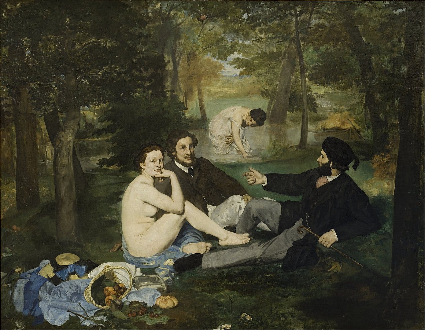 four people picnicking in the woods, including a woman in a chemise bathing in a stream and, seated together, a nude woman and two men wearing suits