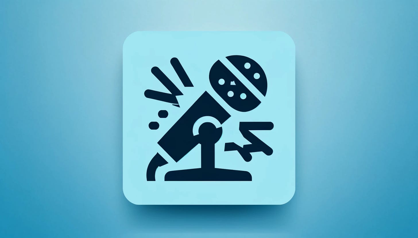 A very simple flat design icon representing 'startup pitching mistakes' for a newsletter header. The icon should feature an extremely simplified and prominent broken microphone, symbolizing errors in communication during startup pitches. The color palette consists of only three colors: #06b6d4 (sky blue) for the background, #ecfeff (pale cyan) for minimal details on the microphone, and #0f172a (dark navy blue) for the main body of the broken microphone. The design should be extremely clean, with absolutely no gradients, textures, words, letters, numbers, or additional details. The image is perfect for a resolution of 1920x1080.