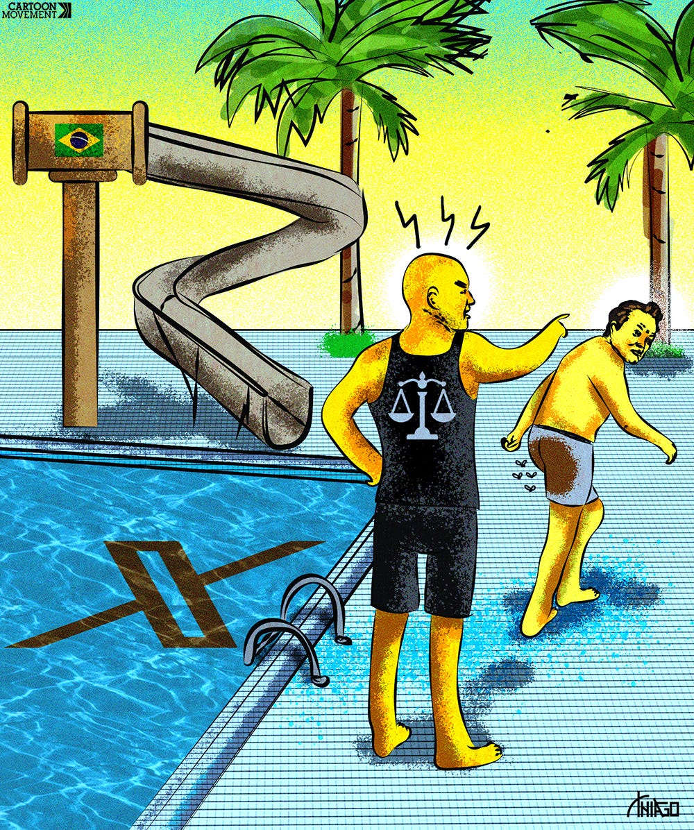 Cartoon showing Brazilian Supreme Court judge Alexandre de Moraes as a pool guard angrily gesturing at Elon Musk to leave the pool. Musk has just climbed out of the pool with a large brown stain on the back of his swimming trunks, while in the water a brown stain is visible in the shape of the X logo.