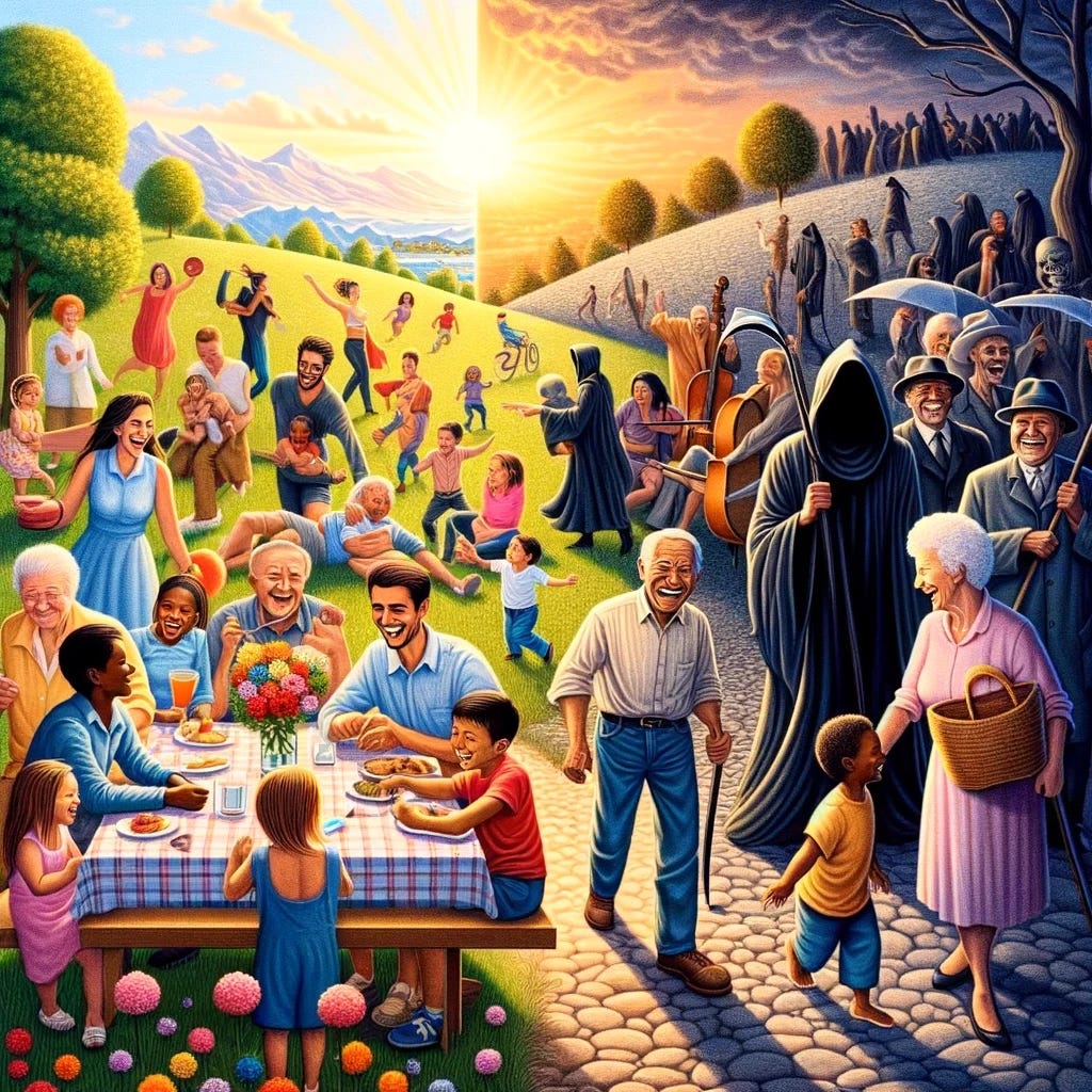 A poignant illustration capturing the essence of the statement 'If life is good, then death is bad'. The image depicts a vibrant, joyful scene of life at its fullest. It shows a diverse group of people of different ages and descents (Caucasian, Asian, Black, Hispanic) engaging in various activities that celebrate life - playing music, enjoying nature, spending time with family, and laughing together. These scenes are full of color, warmth, and happiness, symbolizing the beauty and richness of life. Contrasting this, a shadowy figure of the Grim Reaper lurks in the background, almost unnoticed, symbolizing death. The presence of the Reaper is subtle and unobtrusive, yet it casts a slight shadow over the scene, representing the looming inevitability of death. The illustration conveys the message that the goodness and vibrancy of life make the concept of death something to be resisted and deemed unfavorable.