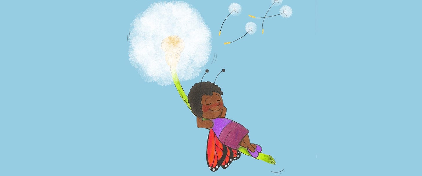 drawing of a butterfly child relaxing on a dandelion