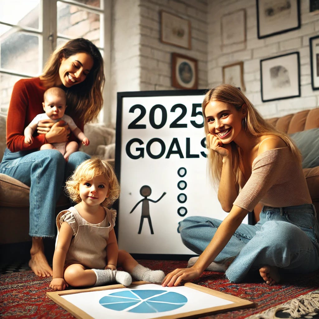 A warm and collaborative family scene featuring two women, a 4-year-old girl with blonde hair, and a baby boy around a board labeled '2025 Goals.' The little girl looks playful and curious, sitting or standing near the board, engaging with the family. The baby boy is cradled or seated near one of the women. The setting is cozy and modern, with a focus on goal-setting and teamwork.