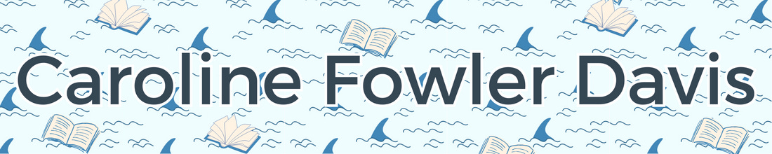 Caroline Fowler Davis on a light blue background of ocean waves with shark fins and open books