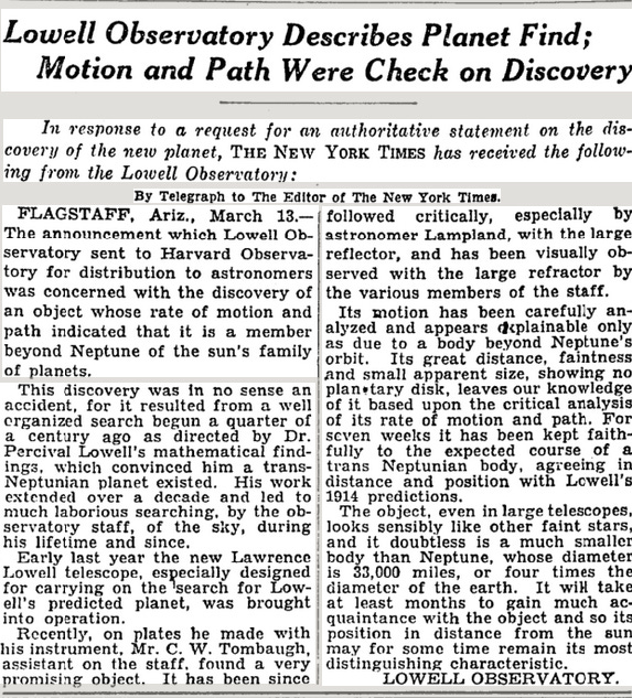 The New York Times on March 14, 1930 reporting the announcement a day earlier by the Lowell Observatory that it had found the ninth planet in our solar system.