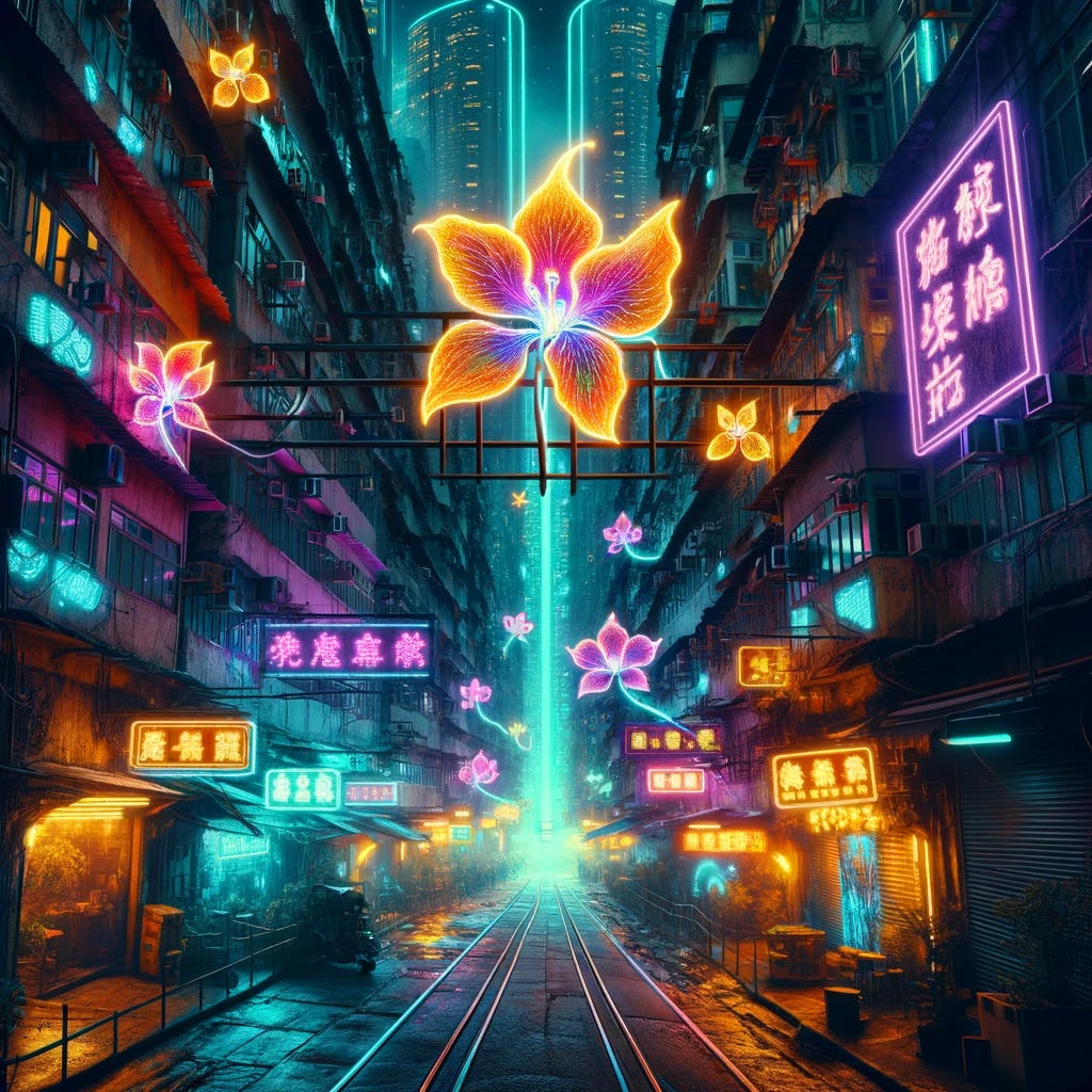 An illustration of a cyberpunk slum in Tsim Sha Tsui, transformed by the glowing presence of neon LED lights shaped like Bauhinia × blakeana flowers. The scene captures a vibrant and gritty old town transitioning into a cyberpunk environment, with narrow alleys and aging buildings adorned with futuristic neon signs and holographic displays. The iconic Hong Kong Orchid, recreated in brilliant neon colors, illuminates the dark, bustling streets, adding a surreal beauty to the urban decay. The atmosphere is charged with a blend of old-world charm and new-age technology, creating a visually striking and dynamic urban landscape.