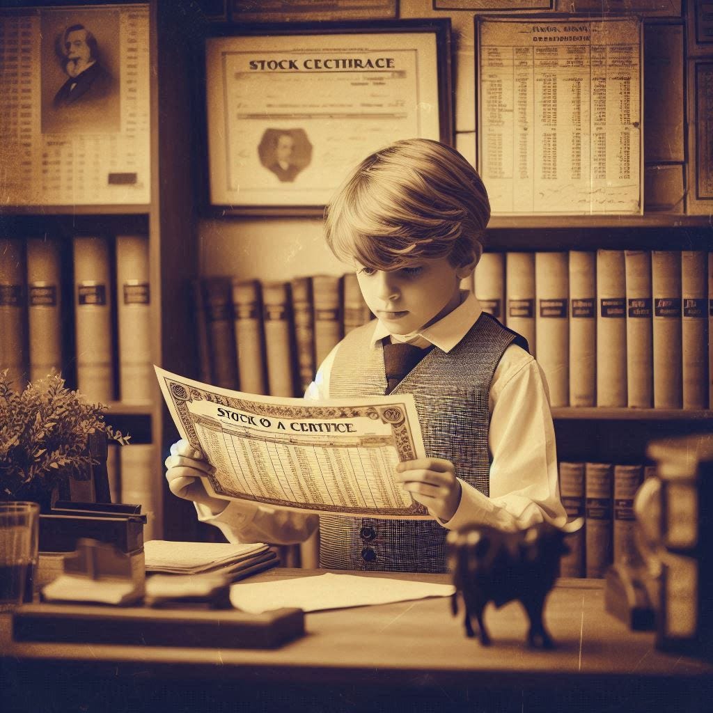 A retro depiction of a boy buying a stock many years ago. The scene captures the nostalgic atmosphere, with vintage elements and a focus on the boy and the stock certificate. The setting is reminiscent of an old-fashioned stock exchange or a small brokerage office, with details like old-style clothing, paper stock certificates, and a sense of historical significance.