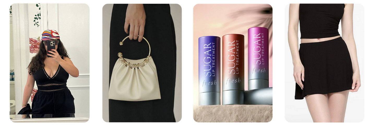 Images of Bella in a Swimsuits for All bathing suit; a Verafied purse; Fresh Sugar Lip Treatments; a skirt from Skims.