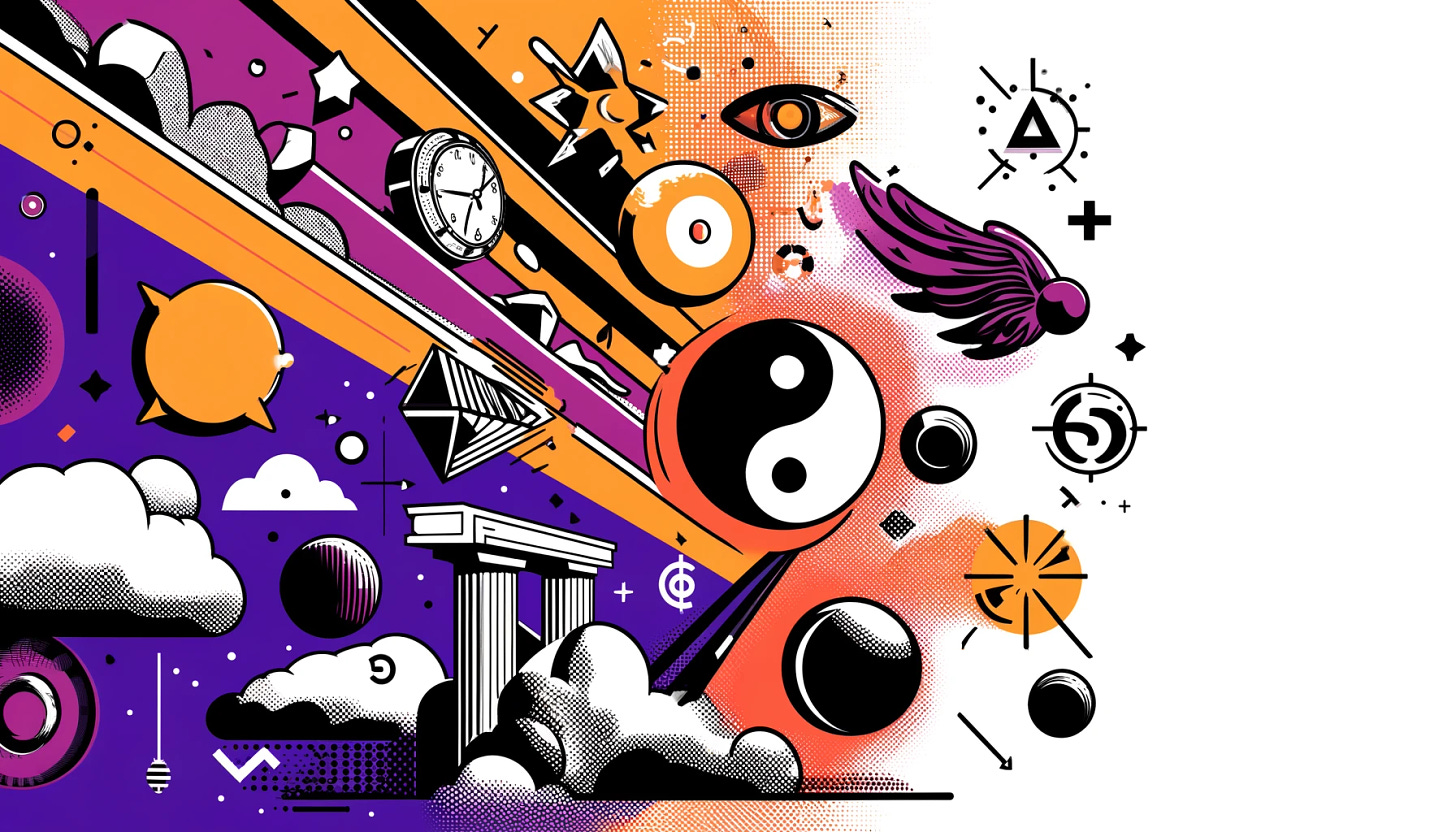 A pop art style illustration depicting the concept of 'betting on things that don't change.' The color palette is restricted to bright purple, bright orange, black, and white, with a white background. The design features stable symbols like rocks, trees, or other elements that represent timelessness, contrasted with dynamic elements. The scene is clean and minimal, emphasizing the concept of betting on enduring, unchanging principles.