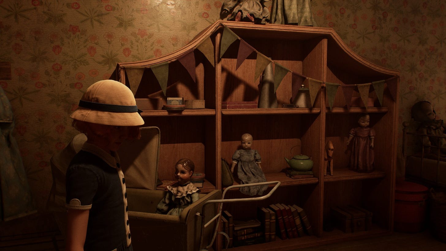 A screenshot of the game Alone in the Dark (2024 reboot) showing a girl lookingt some shelves with dolls, books, and other paraphernalia.