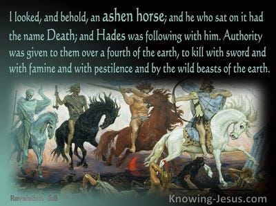 Revelation 6:8 I looked, and behold, an ashen horse; and he who sat on ...