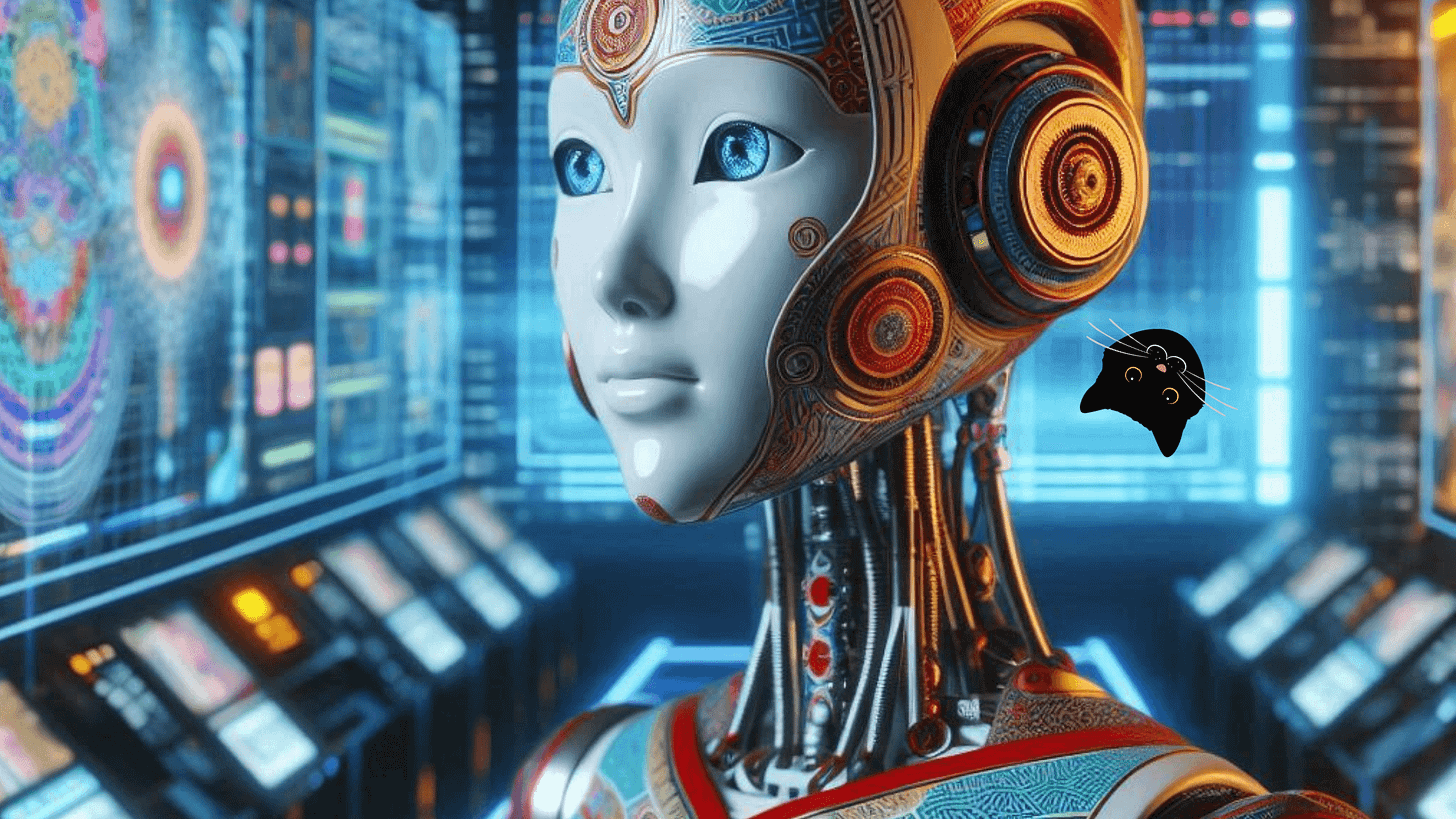 Image of female humanoid robot and a cat face