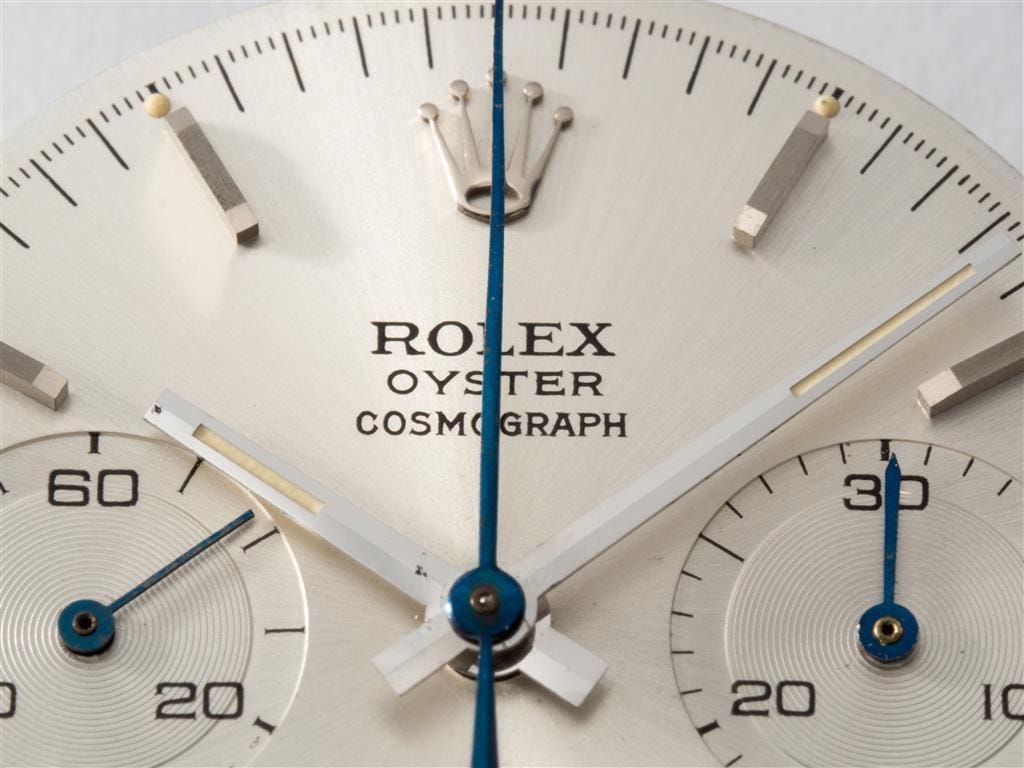Close-up of the dial of the Rolex Cosmograph Daytona Reference 6263 Oyster Albino, once owned by Eric Clapton and now up for auction (photo courtesy Phillips)