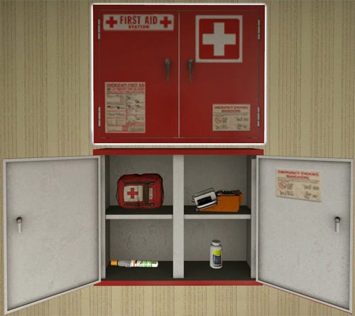 A screenshot of a First Aid cabinet from the L4D series, filled with a med pack, a defib, an adrenaline shot, and a bottle of pills.
