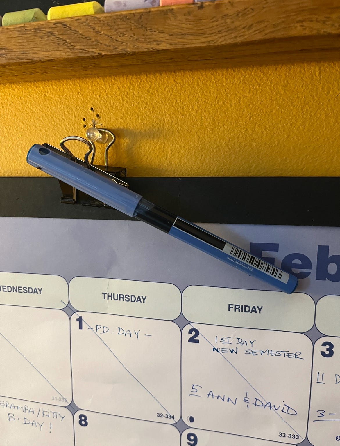 A blue pen hangs from a hook beside my kitchen calendar.