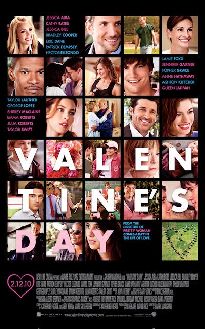 Theatrical poster from the movie Valentine's Day showing pictures of the large cast