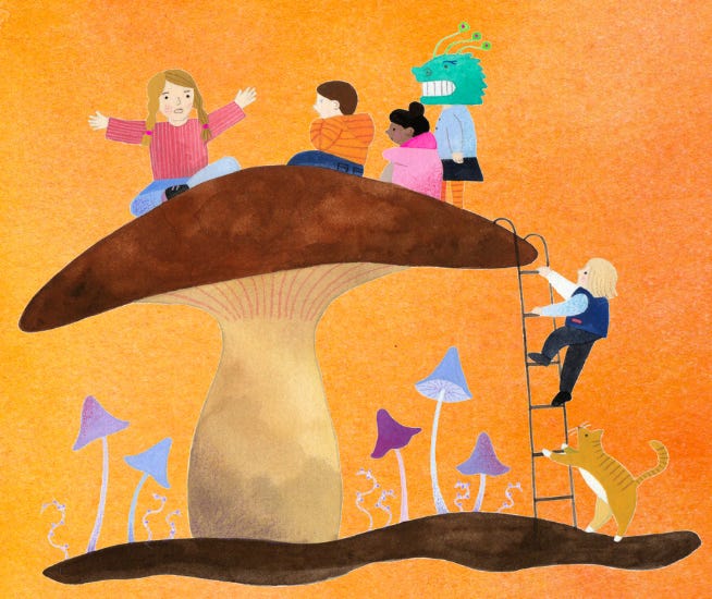 An illustration on an orange background of a large brown mushroom with children sitting on top plus another climbing a ladder to the top of the mushroom which is being held by a cat