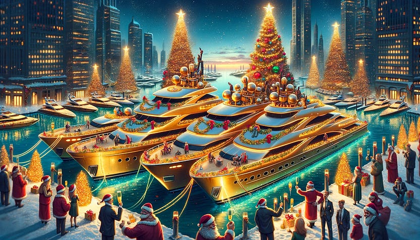 Several golden yachts in a harbor on Christmas