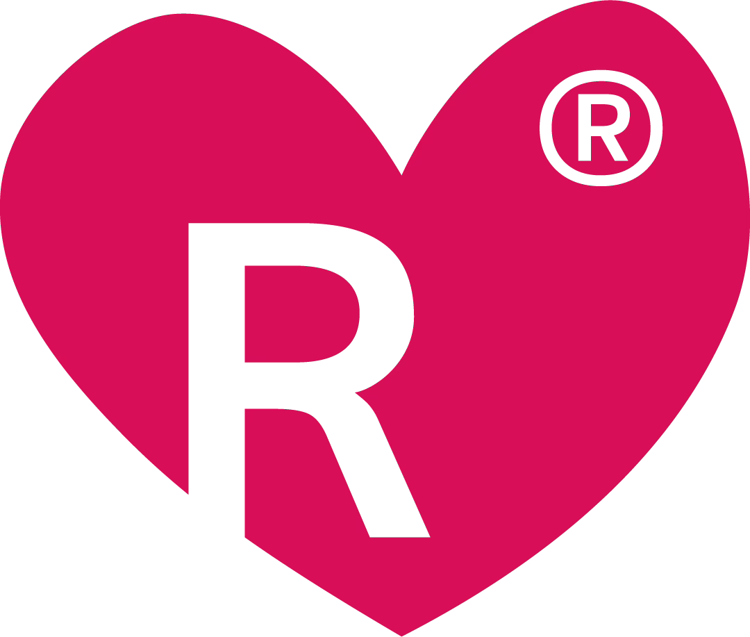 R Love in pink. Heart icon with an R cut-out.