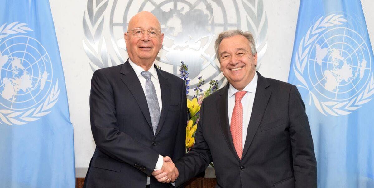  U.N. Secretary-General António Guterres (R) meets with Klaus Schwab, founder and chairman of the World Economic Forum in a file photo. (UN Photo/Manuel Elías)
