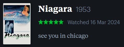 screenshot of LetterBoxd review of Niagara, watched March 16, 2024: see you in chicago