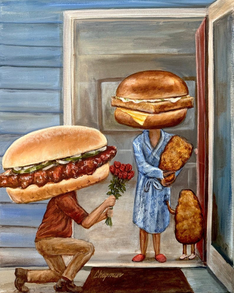 McRib with legs and a body returns home to his fillet of fish wife who is wearing a blue robe and McNugget children by her side. McRib is kneeling in the doorway, holding roses asking for forgiveness for being away for so long.