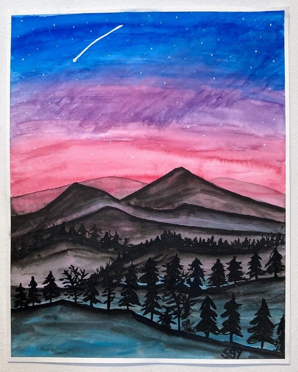 watercolor painting of black mountains under a pink, purple, and blue starry sky