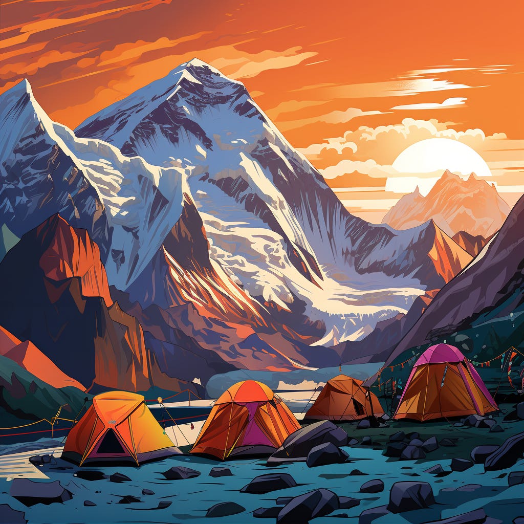 Colorful tents in a valley below the summit of an illustrated mountain with bright colors.