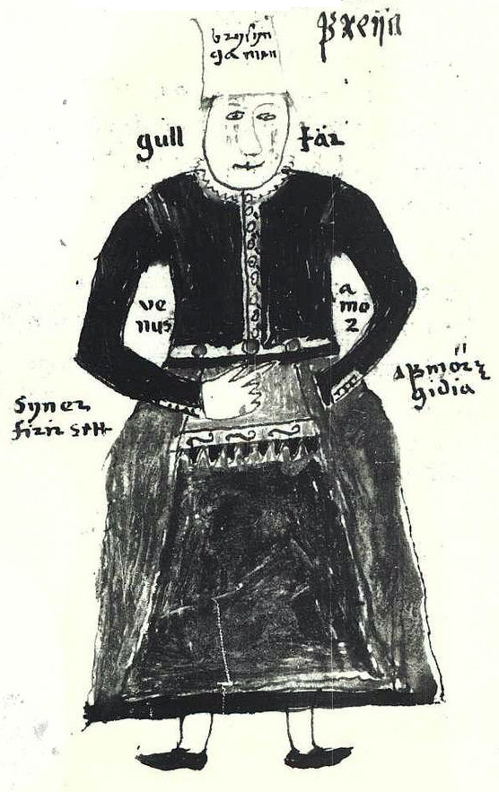 A black and white drawing of a woman who is actually the Norse deity Freyja.