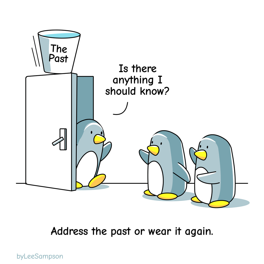 A leadership cartoon discussing the importance of learning from the past, featuring penguins, by Lee Sampson.