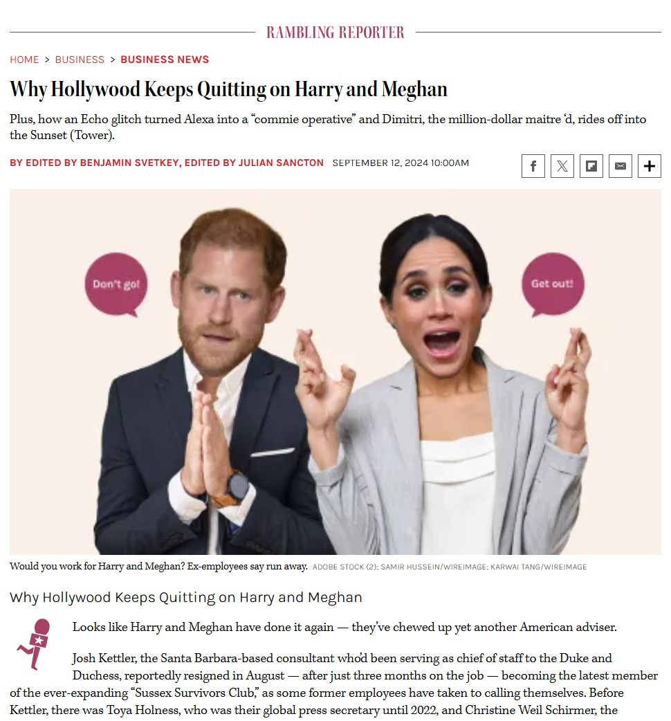 a screengrab of the Hollywood Reporter article on "why Hollywood keeps quitting on Harry and Meghan"