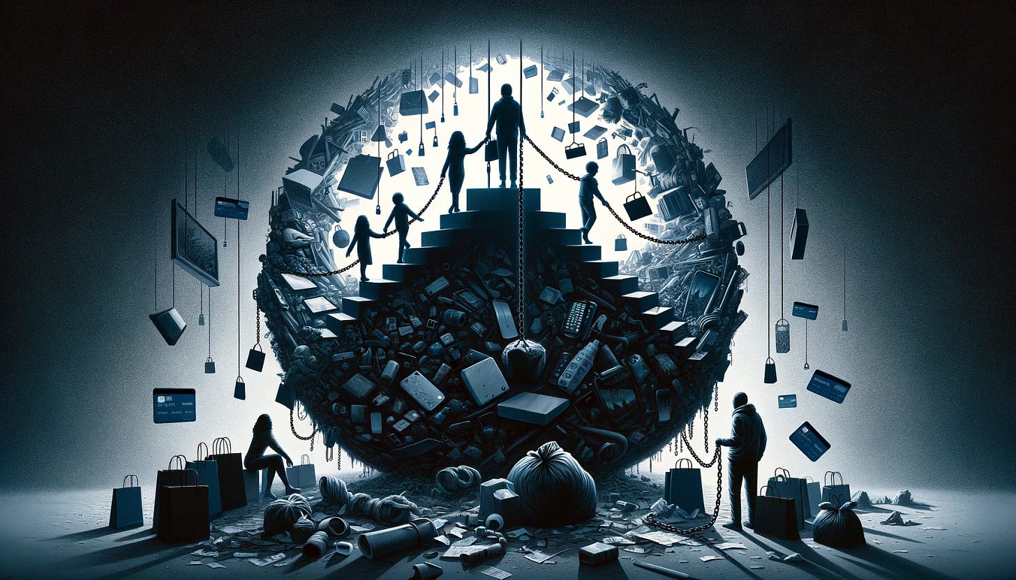 1. A scene with the silhouette of a family or individual eclipsed by a massive, dark sphere made of consumer goods, symbolizing how materialism overshadows relationships.

2. An image of a person descending a staircase into darkness, the steps made of electronic gadgets, representing a descent into material obsession.

3. A person looking into a mirror, but the reflection shows a void or pile of consumer goods, illustrating a loss of self-identity amidst material possessions.

4. A figure chained by ropes made of credit card strips and receipts, in a dark space filled with shopping bags, representing being trapped by consumer debt.

5. The remnants of a once beautiful home now in ruins, with a lone figure sitting amidst the debris, symbolizing broken dreams in the pursuit of material wealth.