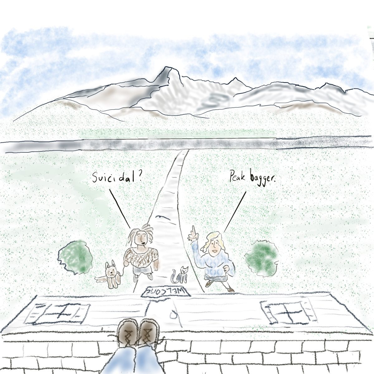 A cartoon drawing of a person's feet at the edge of a roof. There are two people below. One says "Suicidal?" The other says, "Peak bagger!"