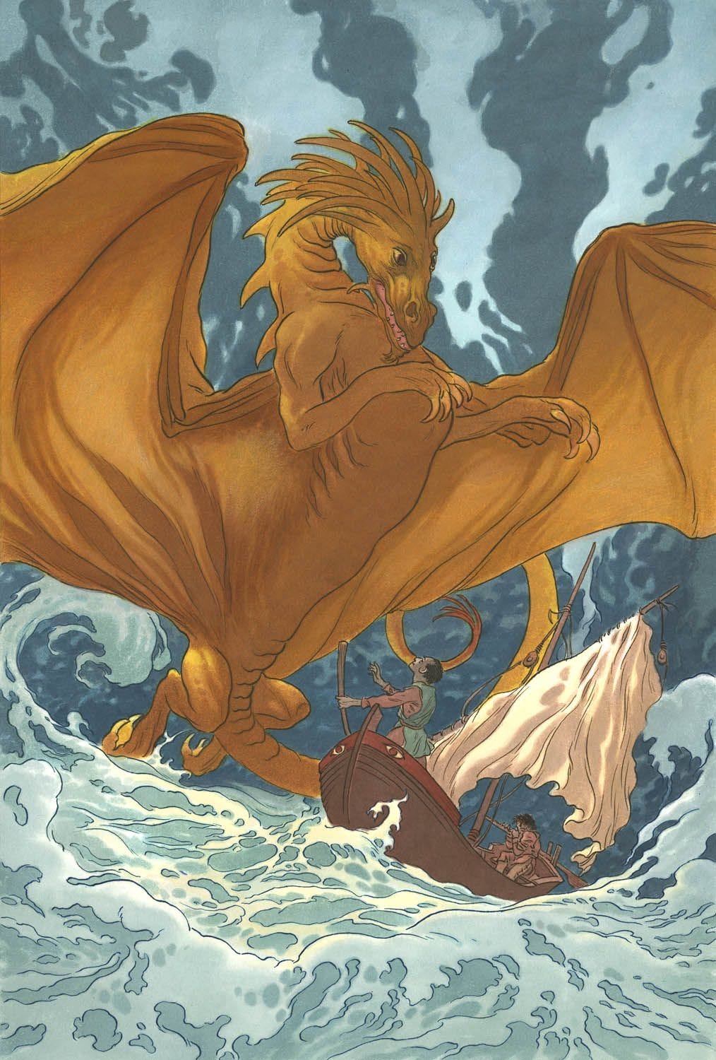Illustrazione a colori: un drago arancione si staglia su una piccola barca di legno con a bordo due persone di pelle scura, mentre il mare è in tempesta