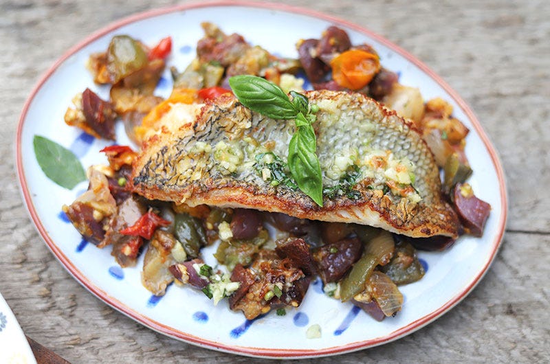 Sear-Roasted Black Sea Bass with Garlic-Ginger Lime Butter and Roasted August Vegetables, Cook the Vineyard