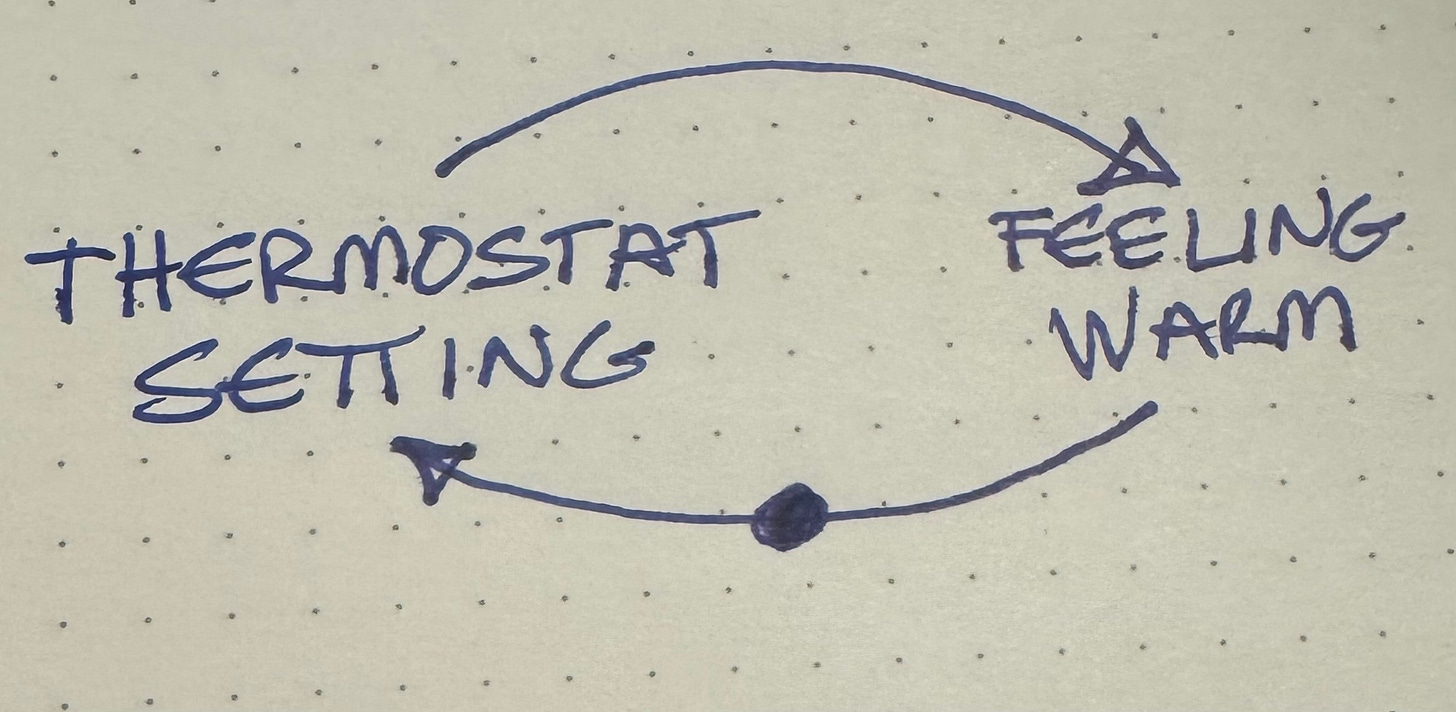 Higher thermostat setting leads to feeling warmer. Feeling warmer leads to turning down the thermostat.