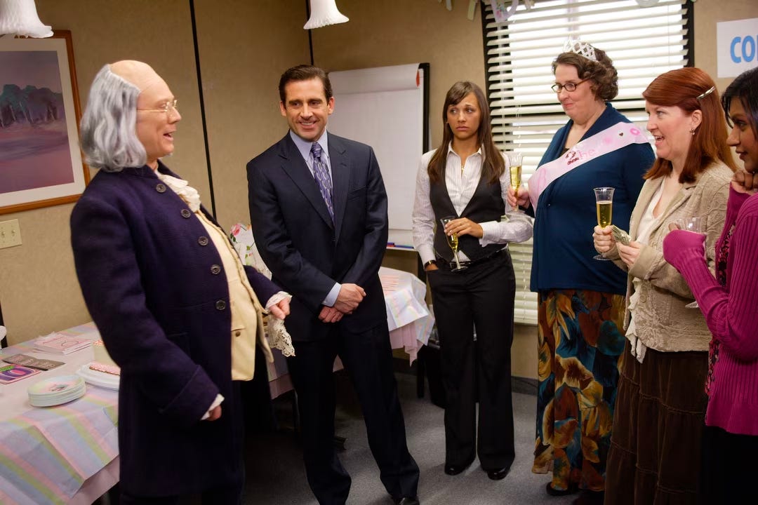 A scene from the TV show The Office where Michael hires a Benjamin Franklin impersonator for a bachelorette party.