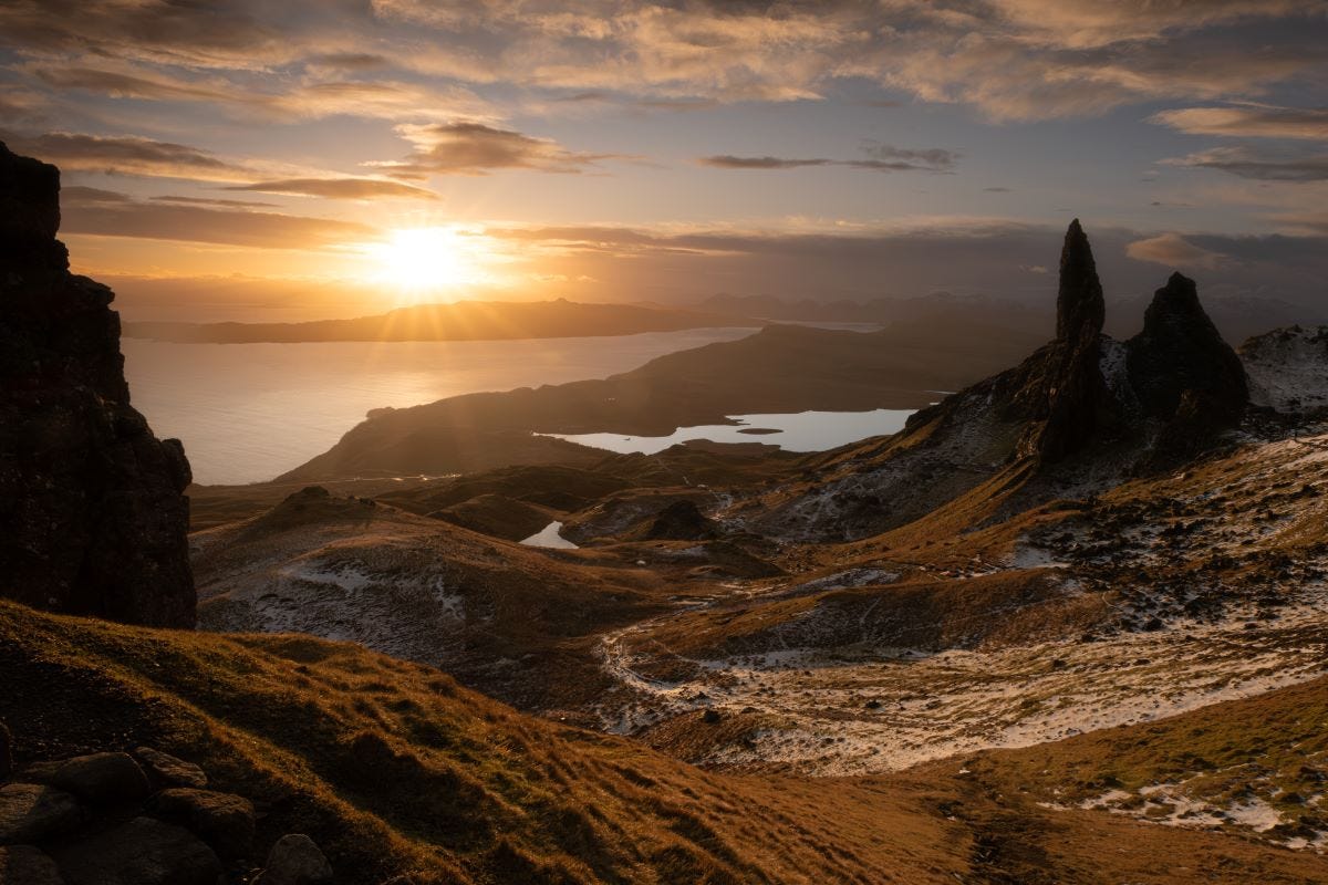 A view of sunrise from the top of The Storr, a hill on the Isle of Skye in Scotland.