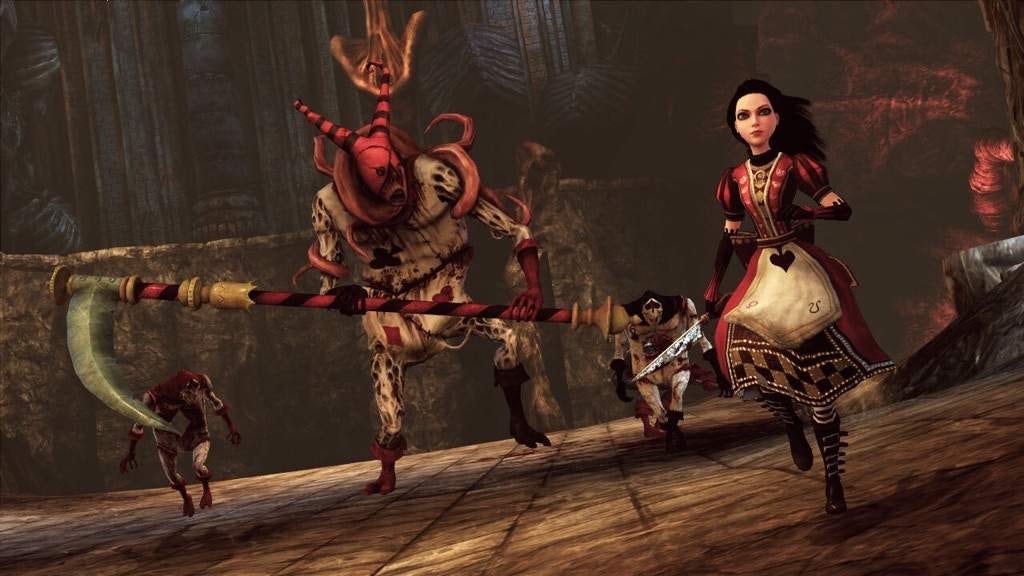 A promotional piece of key art from Alice: Madness Returns, showing Alice in her Queensland outfit running away from several card guards, including the giant one which bears a scythe. 