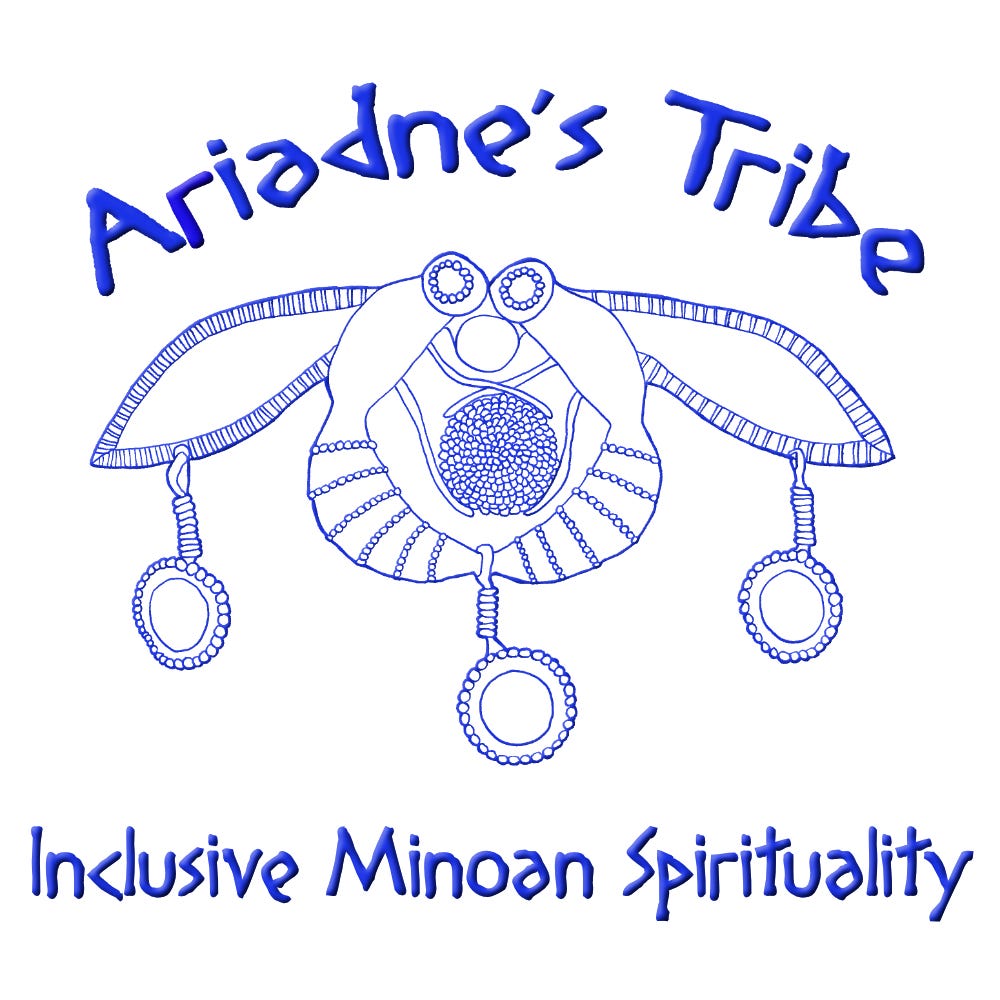 The Ariadne's Tribe logo (a line drawing of the Malia bee pendant, a Minoan artifact) with the words "Ariadne's Tribe" above and the words "Inclusive Minoan Spirituality" below