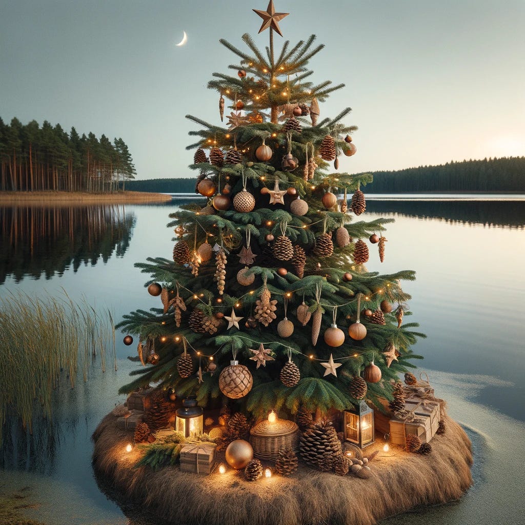 A Christmas tree on a small floating island on a lake with natural ornaments of wood and pine cones.  Under the tree are some gifts wrapped in paper and twine.  The lake is calm and reflect the image of the surrounding forrest.  Night is beginning with a fading sunlight on the left and darkness appearring on the right, highlighted by a crescent moon.