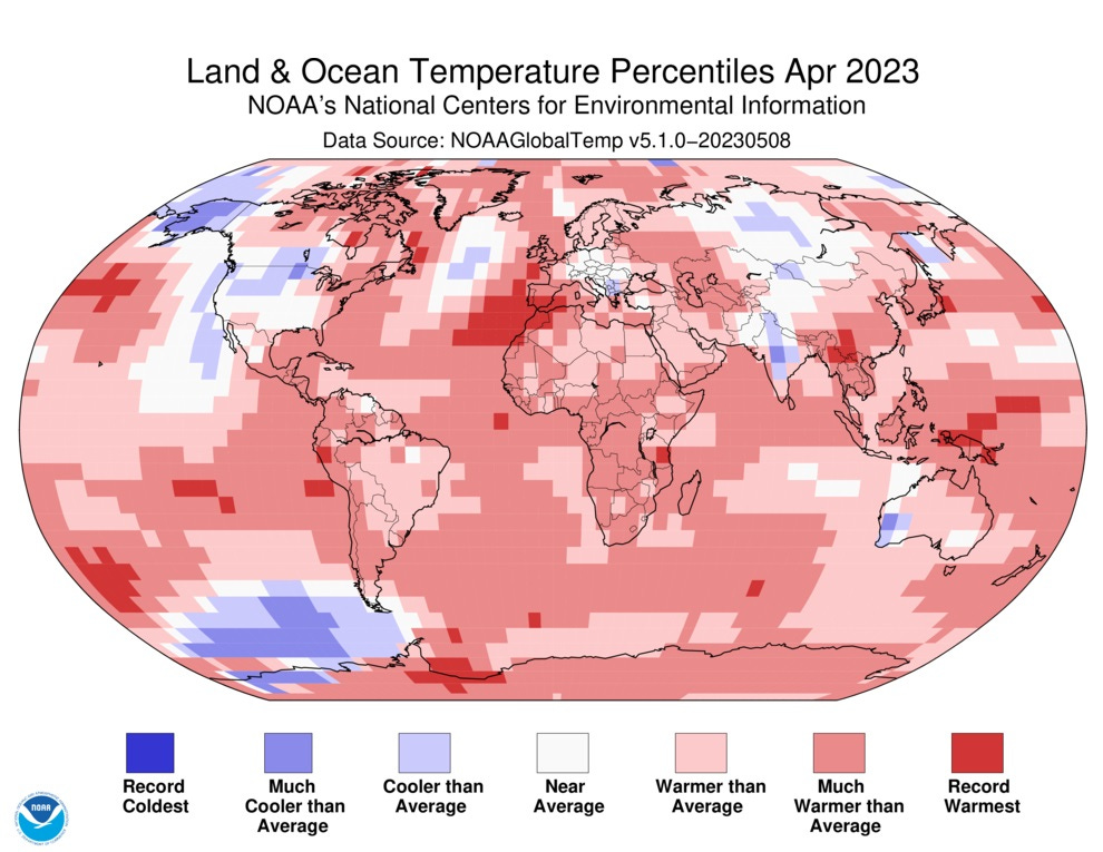 TEMPERATURE PERCENTILES FOR LAND AND SEA, APRIL 2023 based on an unspecified average. Here we can see that the Benelux countries, where Belgium and the Netherlands in April were 1.4 and 1.1 °C cooler than the climate normal 1991–2020, are falsely presented as having had an April average temperature "Above average" or "Much above average". Central and Eastern Europe, which were much cooler than normal in April—for example, Czech Republic, Slovakia, and Serbia were 2.1 to 2.8 °C below the climate normal in April, which is significant in a climate context—are marked as "Near average" with misleading neutral white color. Source and map: NOAA