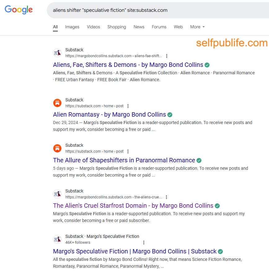 Screenshot of Google search results page after using Google Advanced Search to find Substack posts on speculative fiction.