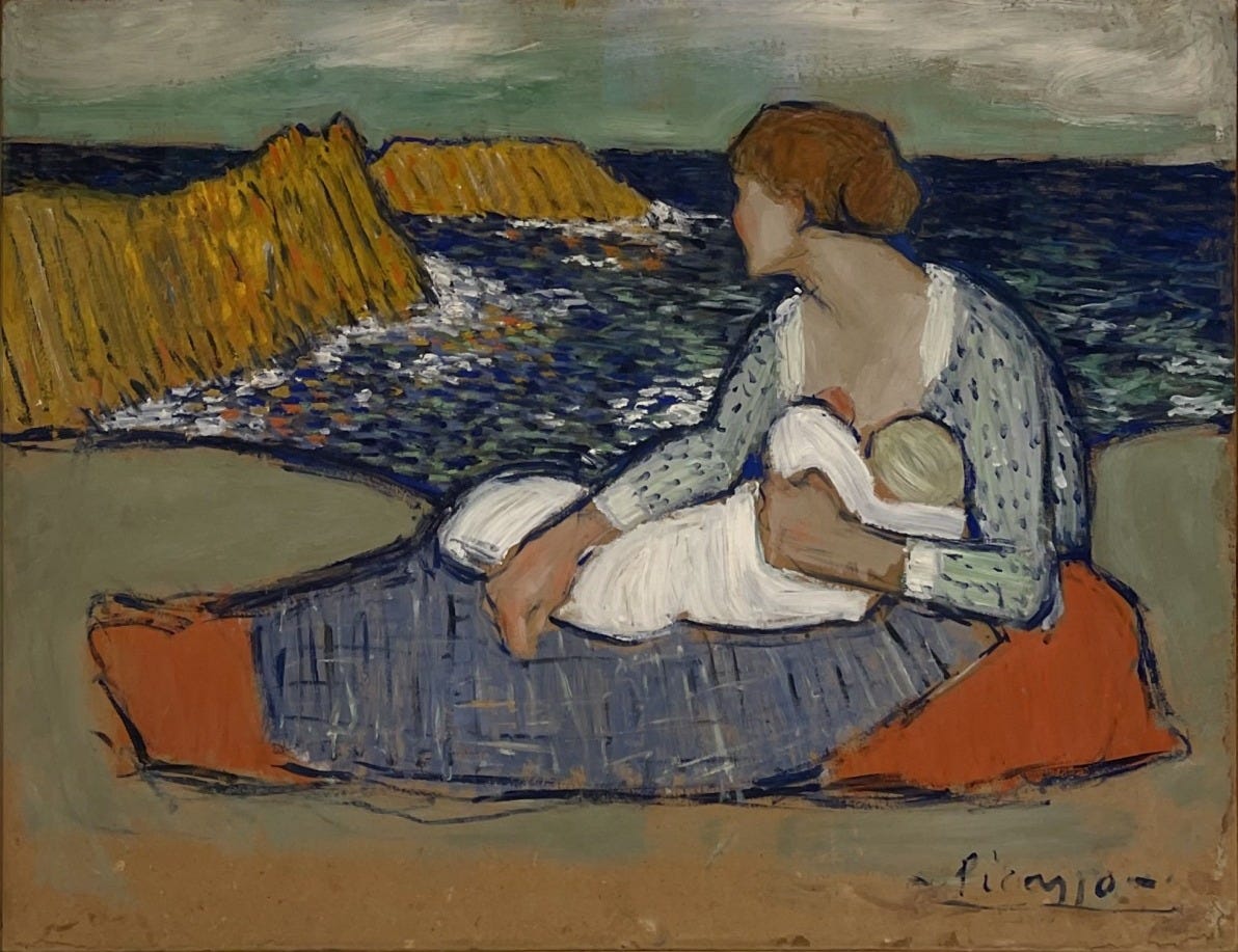 Pablo Picasso 1881-1973. Mother and Child by the Sea, 1901. Oil on  cardboard mounted on