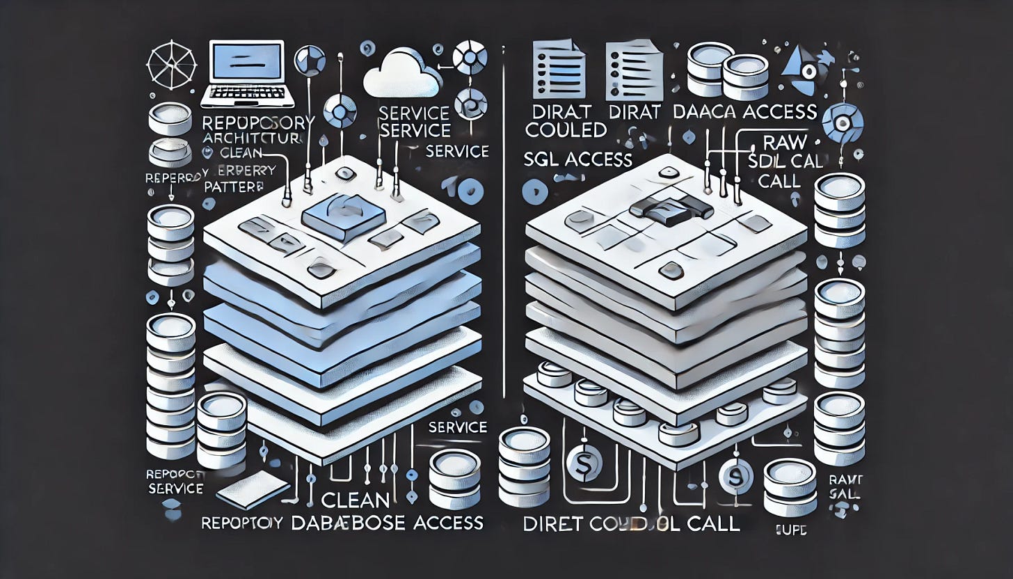 A high-quality 16:9 image illustrating the difference between clean, layered architecture using the Repository Pattern and direct database access using raw ADO.NET. On one side, show clean blocks or layers for Repository, Service, and Data Access; on the other side, depict a chaotic or tightly coupled direct SQL call setup. Use symbolic icons like servers, code nodes, or flow lines, and maintain a sleek, modern, and professional style without any text.