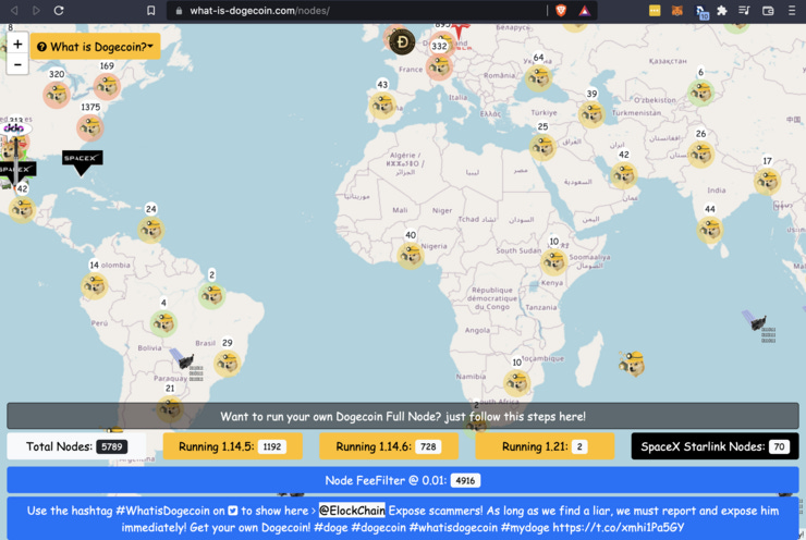 Currently, 70 Dogecoin nodes run on Starlink