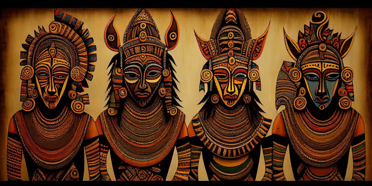 Imagem gerada por Midjourney com o prompt: tribal art style painting on canvas