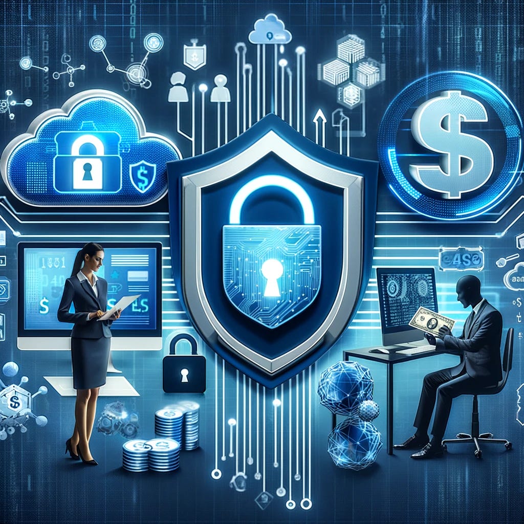 An image representing the concept of '7 Proven Strategies to Safeguard Your Financial Data in the AI Era'. The picture should be a collage with symbolic elements like a digital lock, a shield emblazoned with a dollar sign, a computer with a secure firewall, a person in professional attire reviewing financial documents, a cloud with a padlock, a hand holding a credit card securely, and AI elements like neural networks or binary code in the background. The overall feel should be modern and tech-oriented, with a focus on security and financial safety.