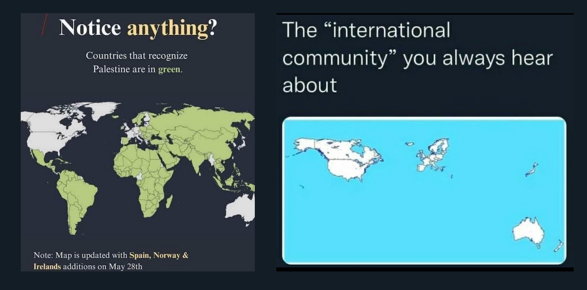 Maps showing the so-called "International Community" vs. nations that have recognized Palestine.