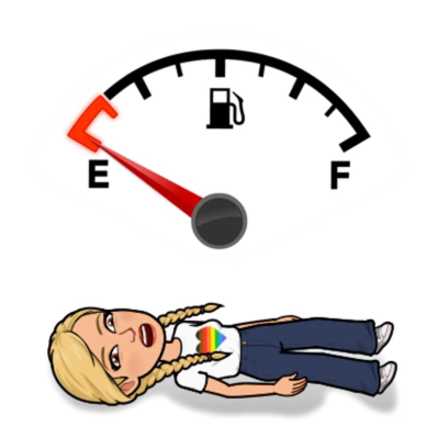 Bitmoji of the author lying on the ground with a huge gas tank on empty above her twitching and drooling head.