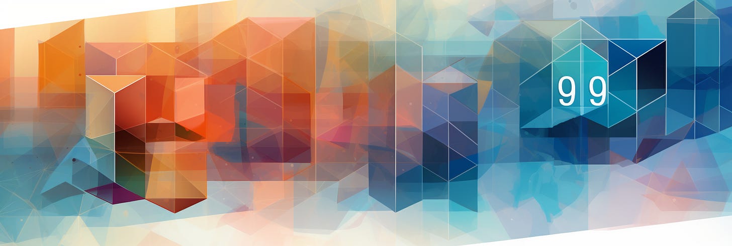This panoramic image shows a geometric pattern of translucent polygons transitioning from warm hues on the left to cool hues on the right. A hexagonal outline in the center-left frames an empty space, while on the center-right, a similar hexagonal shape contains the number "99" in white. The overlapping and varying opacities of the shapes create a sense of depth, and the image's overall appearance is reminiscent of a modern digital mosaic or abstract art.